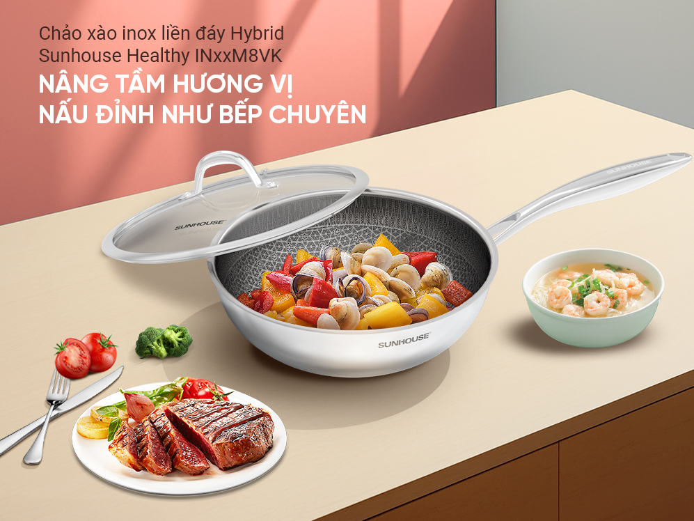 CHẢO XÀO INOX LIỀN ĐÁY HYBRID SUNHOUSE HEALTHY IN28M8VK