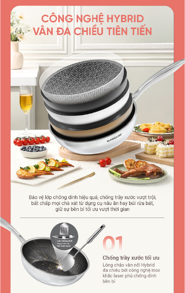 CHẢO XÀO INOX LIỀN ĐÁY HYBRID SUNHOUSE HEALTHY IN28M8VK